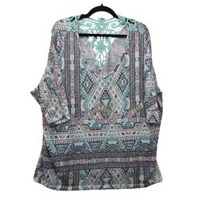 Bongo Plus Womens 2X Southwestern Tribal Print Crochet Lace Back Knit Top Blue